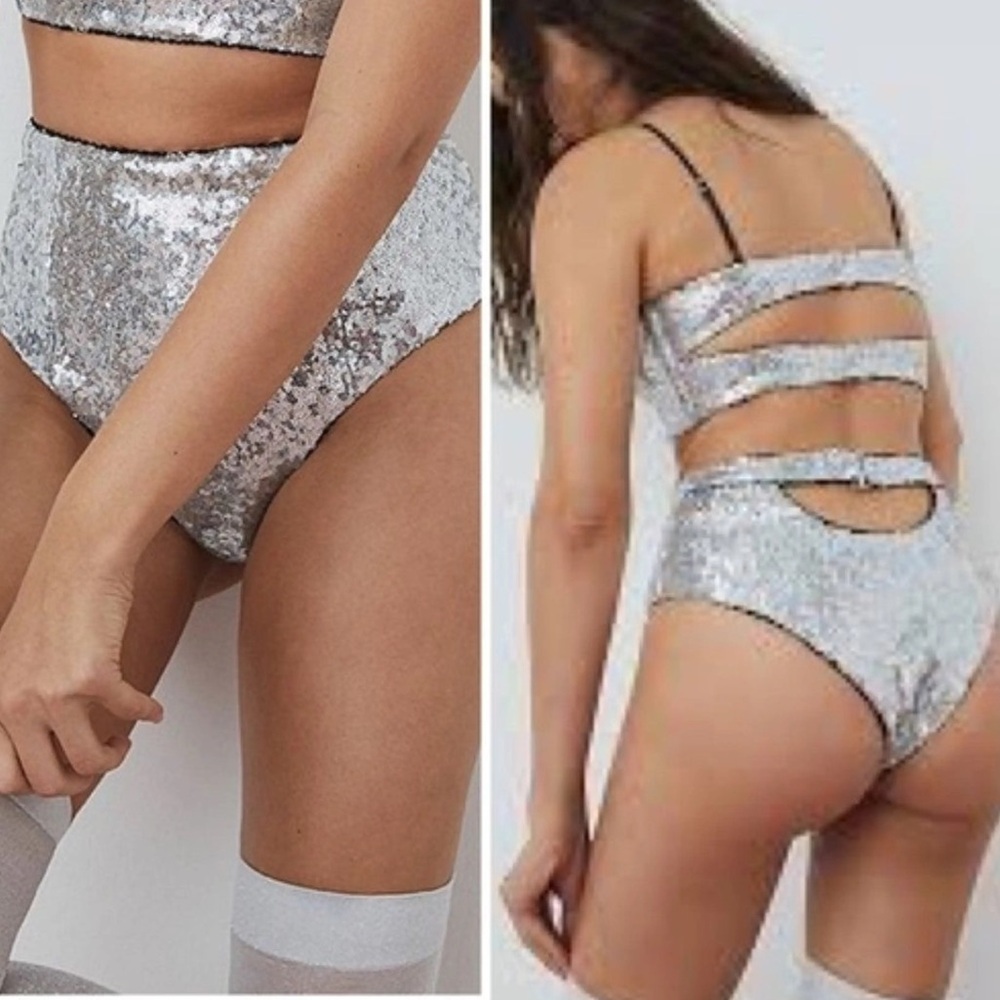 For Love And Lemons Silver Sequin High-Waist Bikini Bottoms
